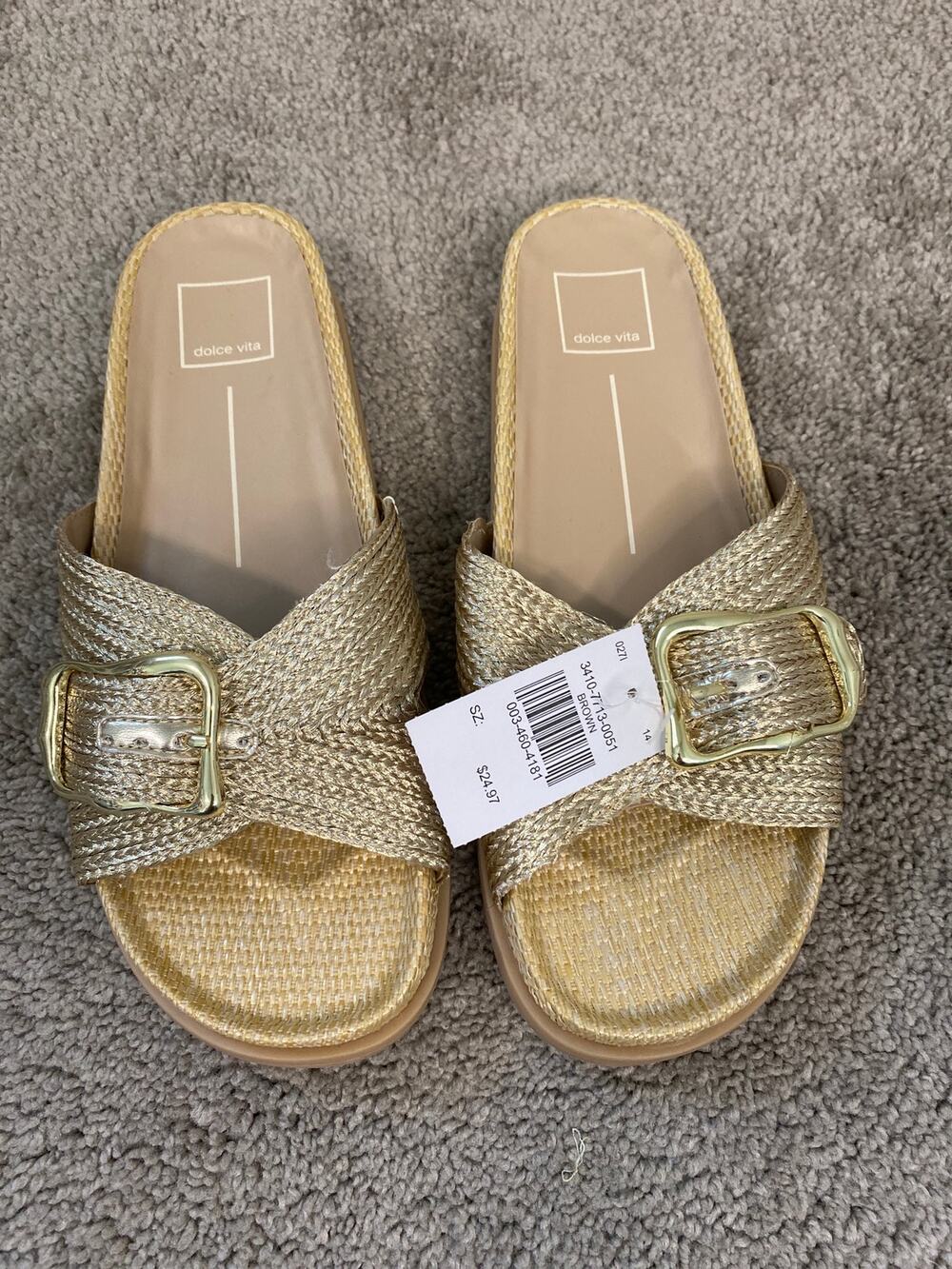 New Dolce Vita Gold Woven Slide Sandals Buckle Metallic Women's Size 8